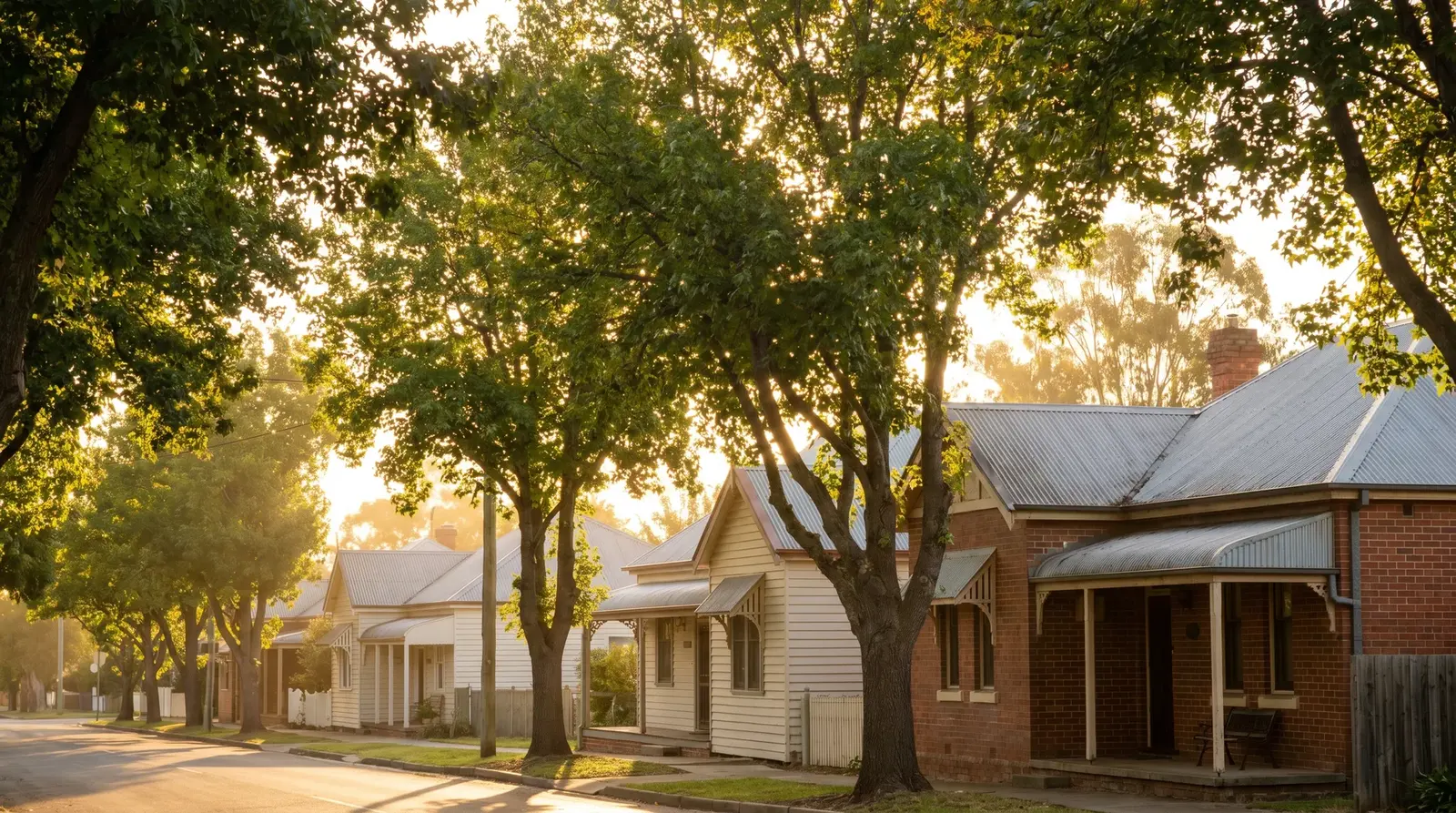 Tree-lined established street in East Maitland with period cottages and brick homes at golden hour