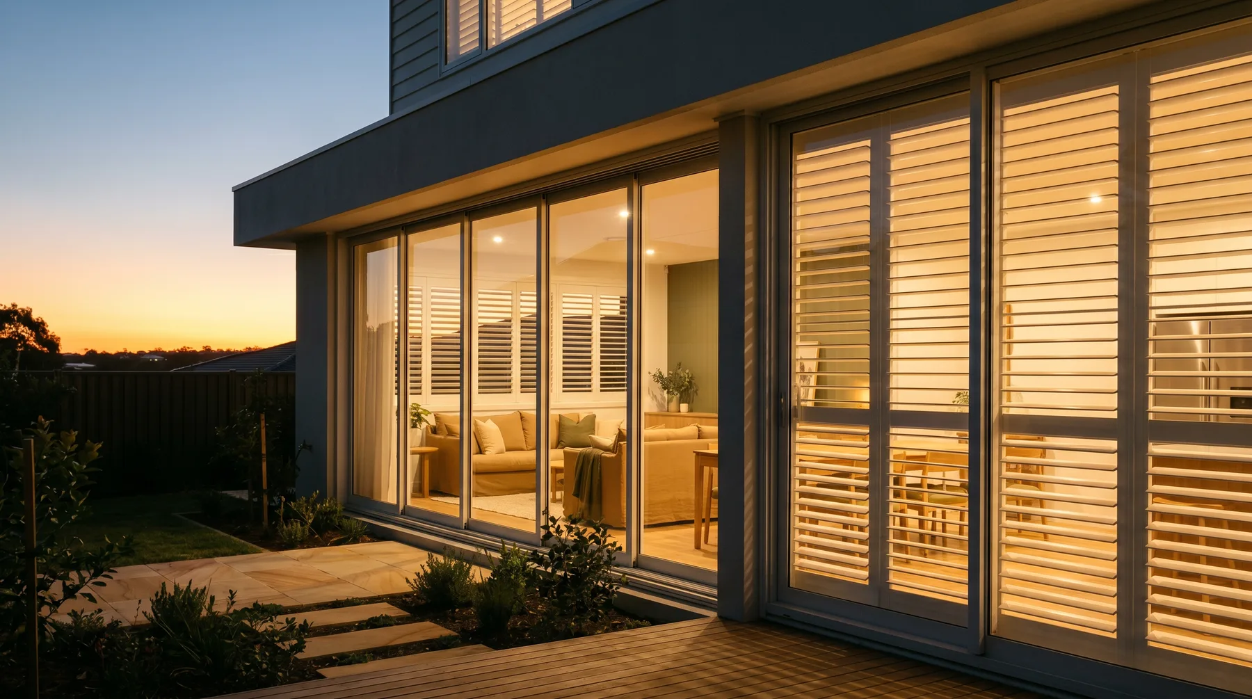 A modern estate home at dusk with plantation shutters visible through glowing stacker doors