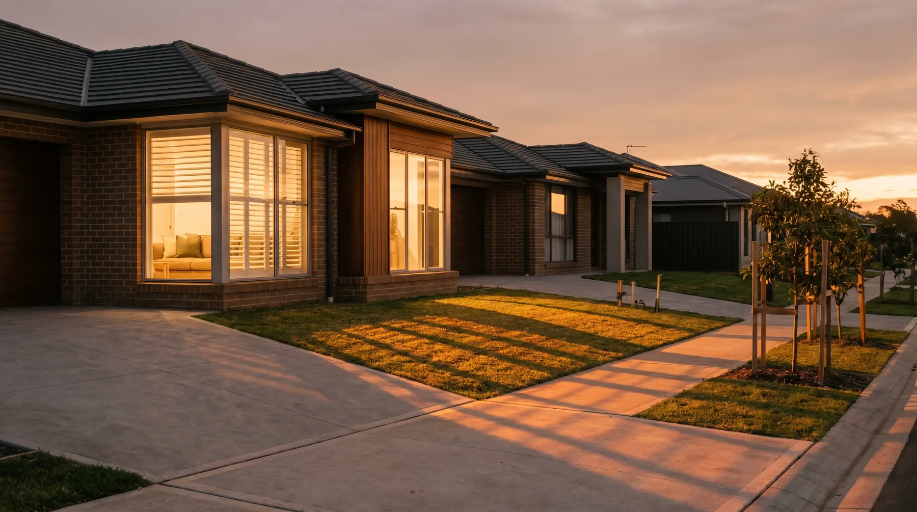 New estate street in Rutherford at golden hour, young trees and long shadows