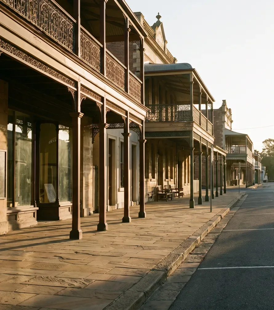 Verandah-era heritage buildings on the main street of Morpeth in late golden light