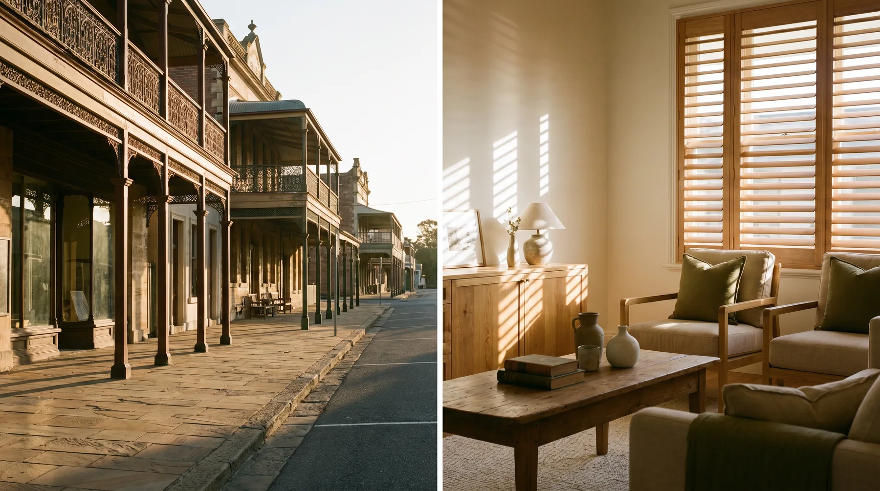 Morpeth's heritage main street in golden light beside a period sitting room with timber shutters