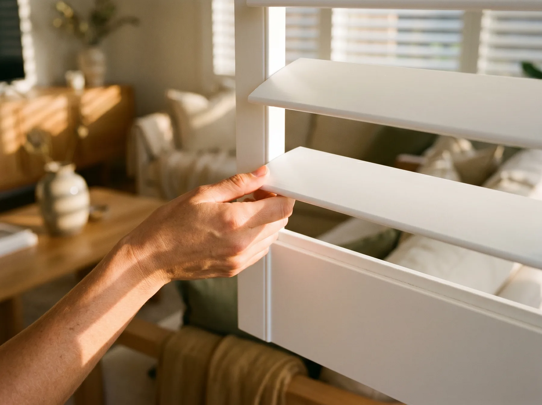 A hand tilting a wide plantation shutter blade in warm afternoon light