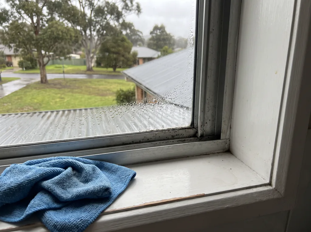 A blue microfibre cloth on a white painted window sill, with condensation droplets on the glass and dark mould spots along the bottom of the frame, looking out on a wet, grey winter morning over iron roofs, lawns and gum trees