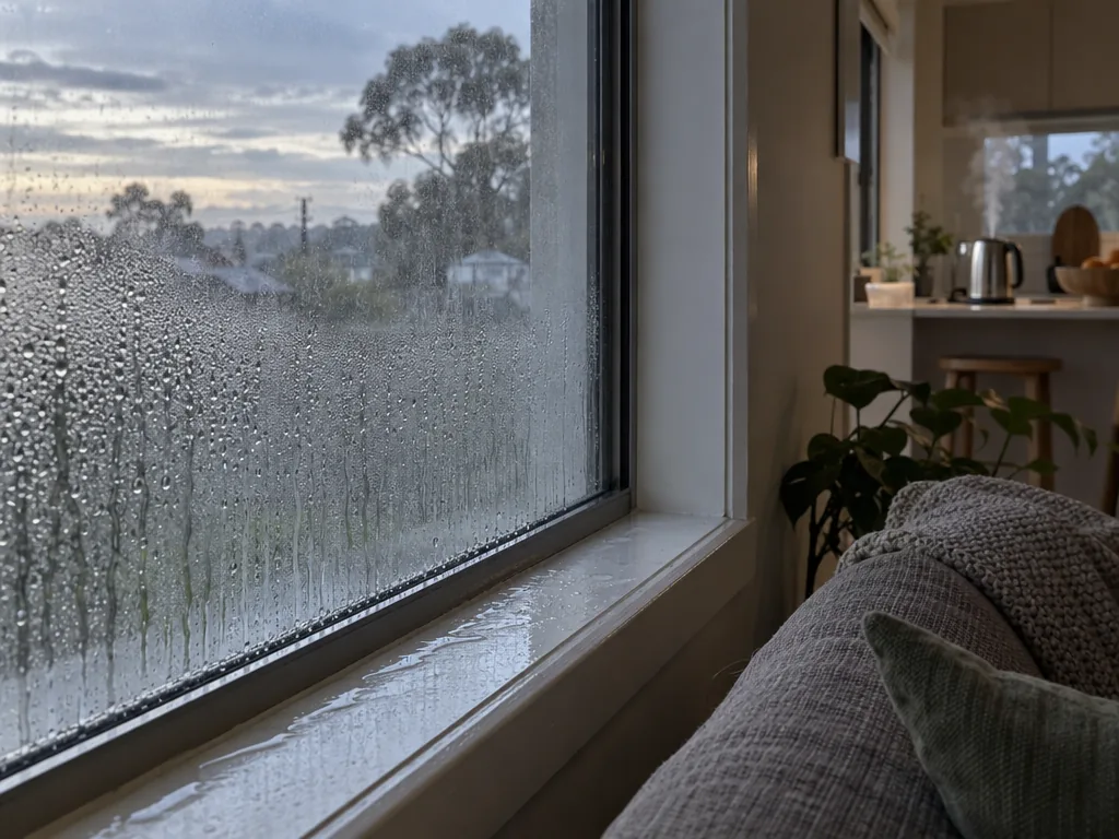 Condensation beads and runs down a living room window onto the sill at dawn, with a kettle steaming in the kitchen behind