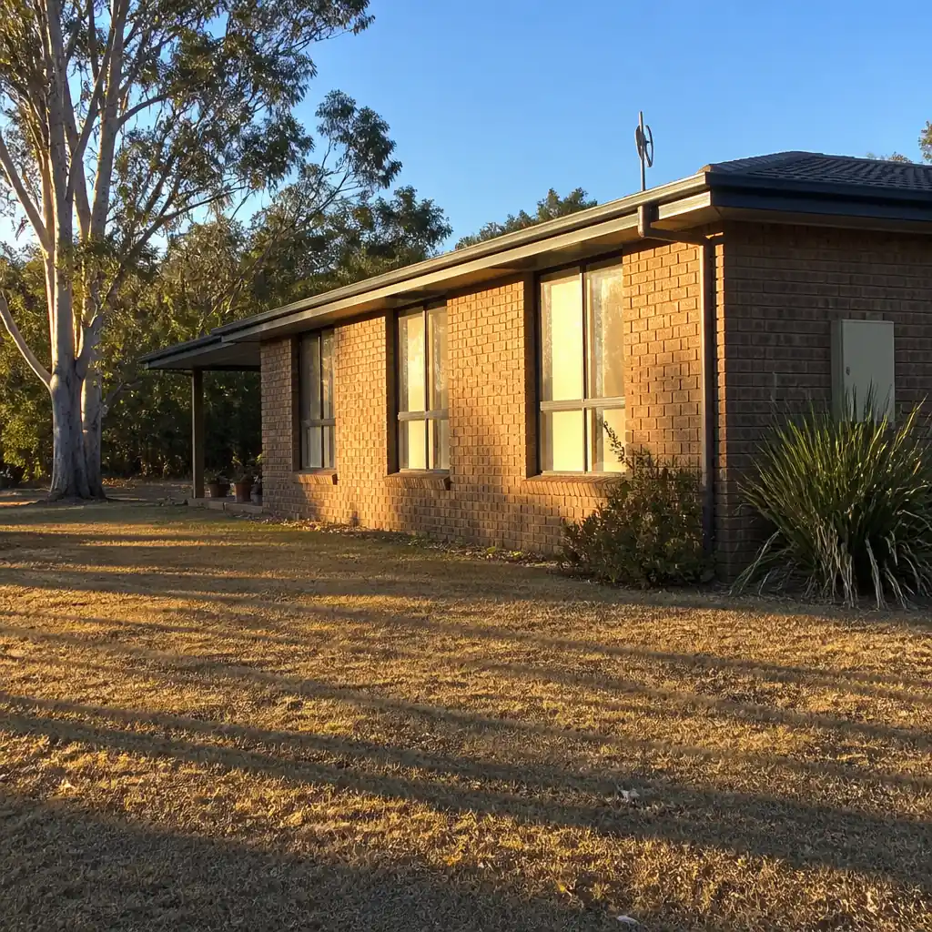 A single-storey brick home in late afternoon sun, a tall eucalypt beside it and long shadows across a dry lawn, its windows lit gold.