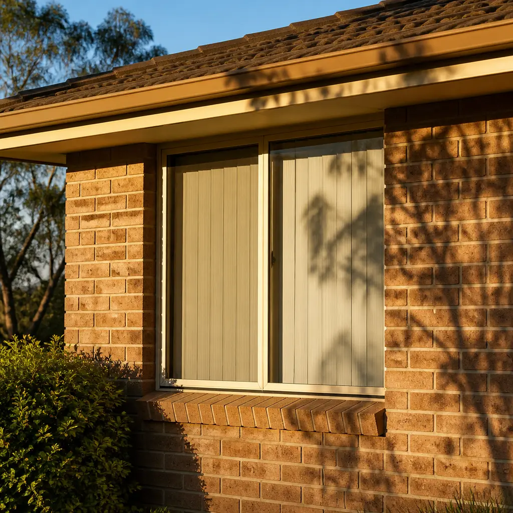 A brick window in low gold sun under a tiled eave, with eucalypt leaf shadows across the wall and pale vertical panels closed behind the glass.