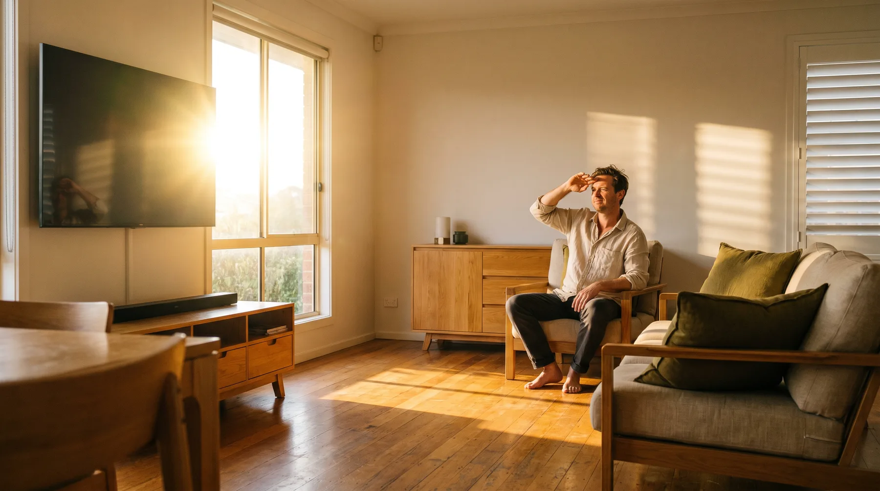 Harsh low sun glaring through a bare west-facing window onto a television