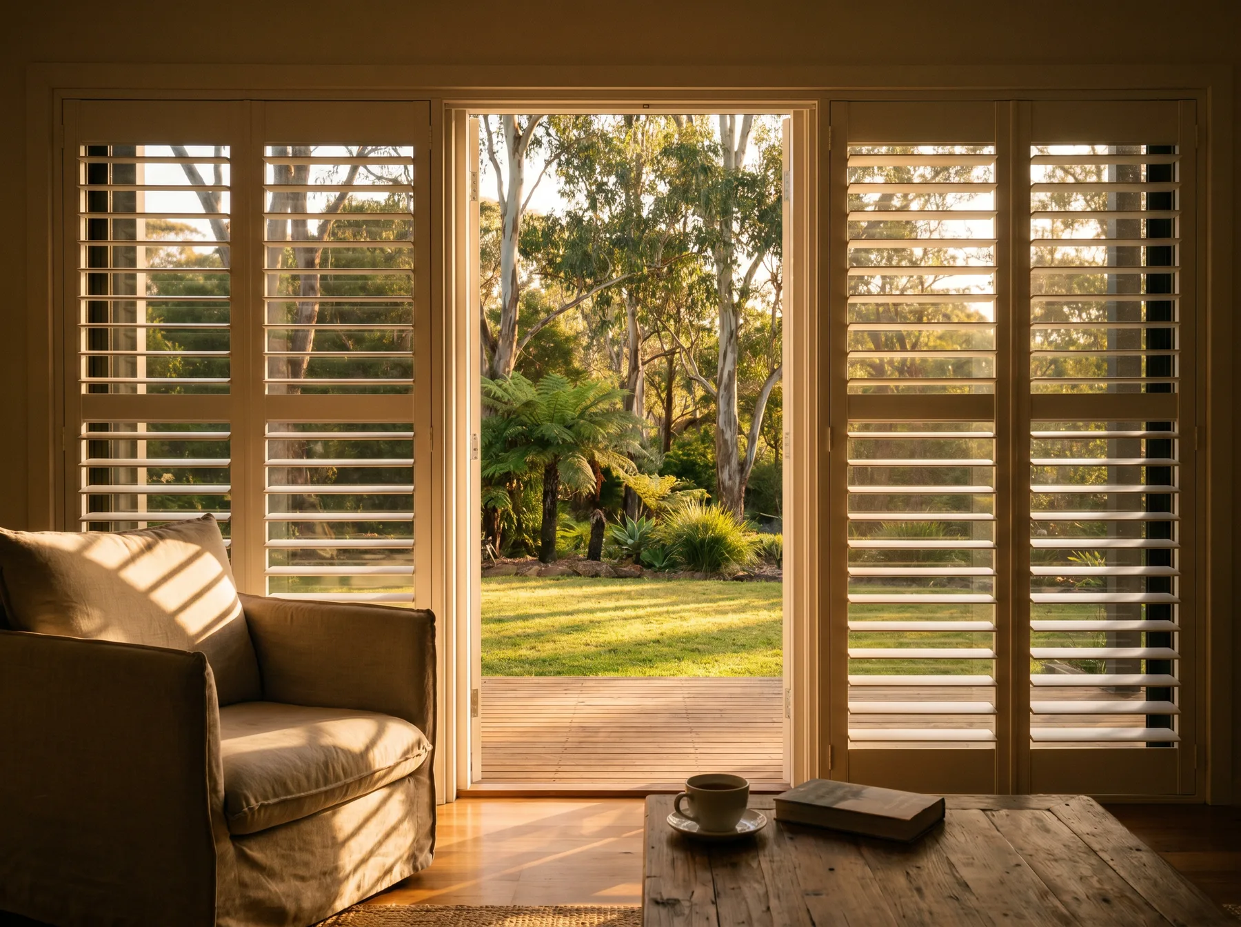 Open plantation shutters framing a view to a green back garden