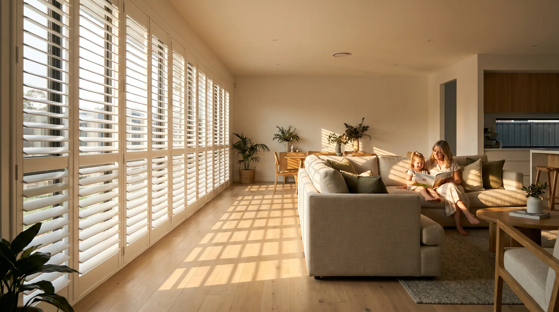Late afternoon sun striping across a living room floor through wide-blade plantation shutters