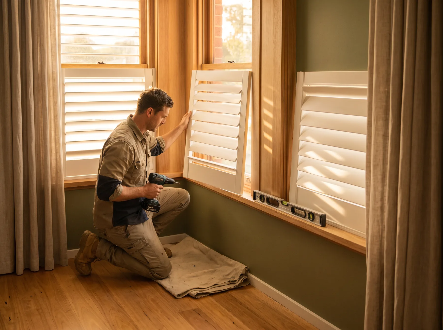 An installer fitting a shutter panel to a timber-framed period window, spirit level on the sill