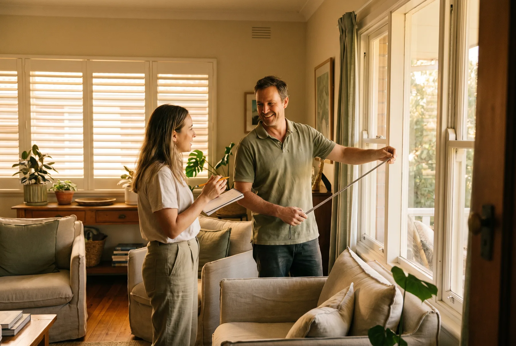A shutter consultant measuring a living-room window while the homeowner takes notes