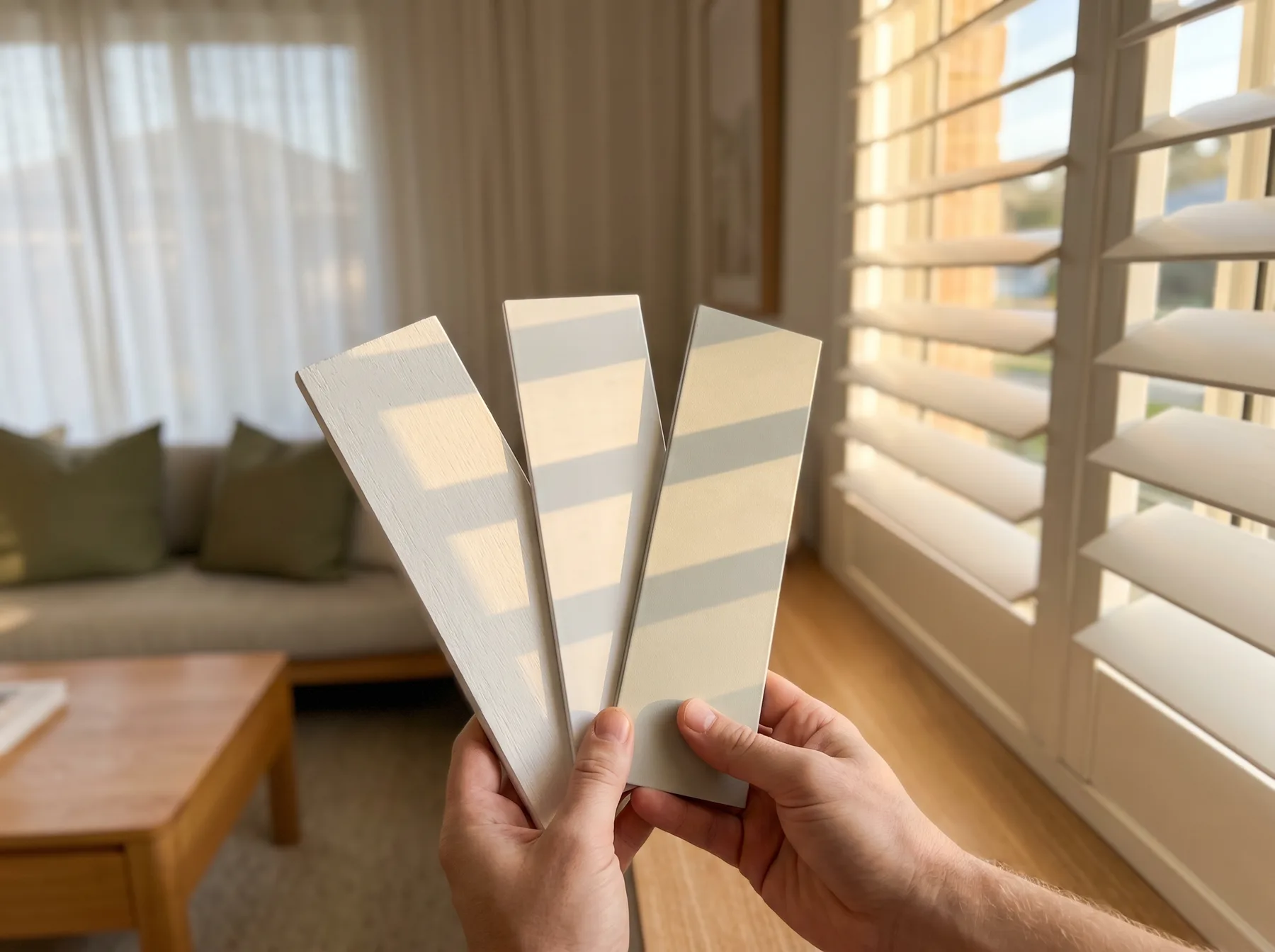 Hands holding three louvre blade samples up to warm window light to compare finishes