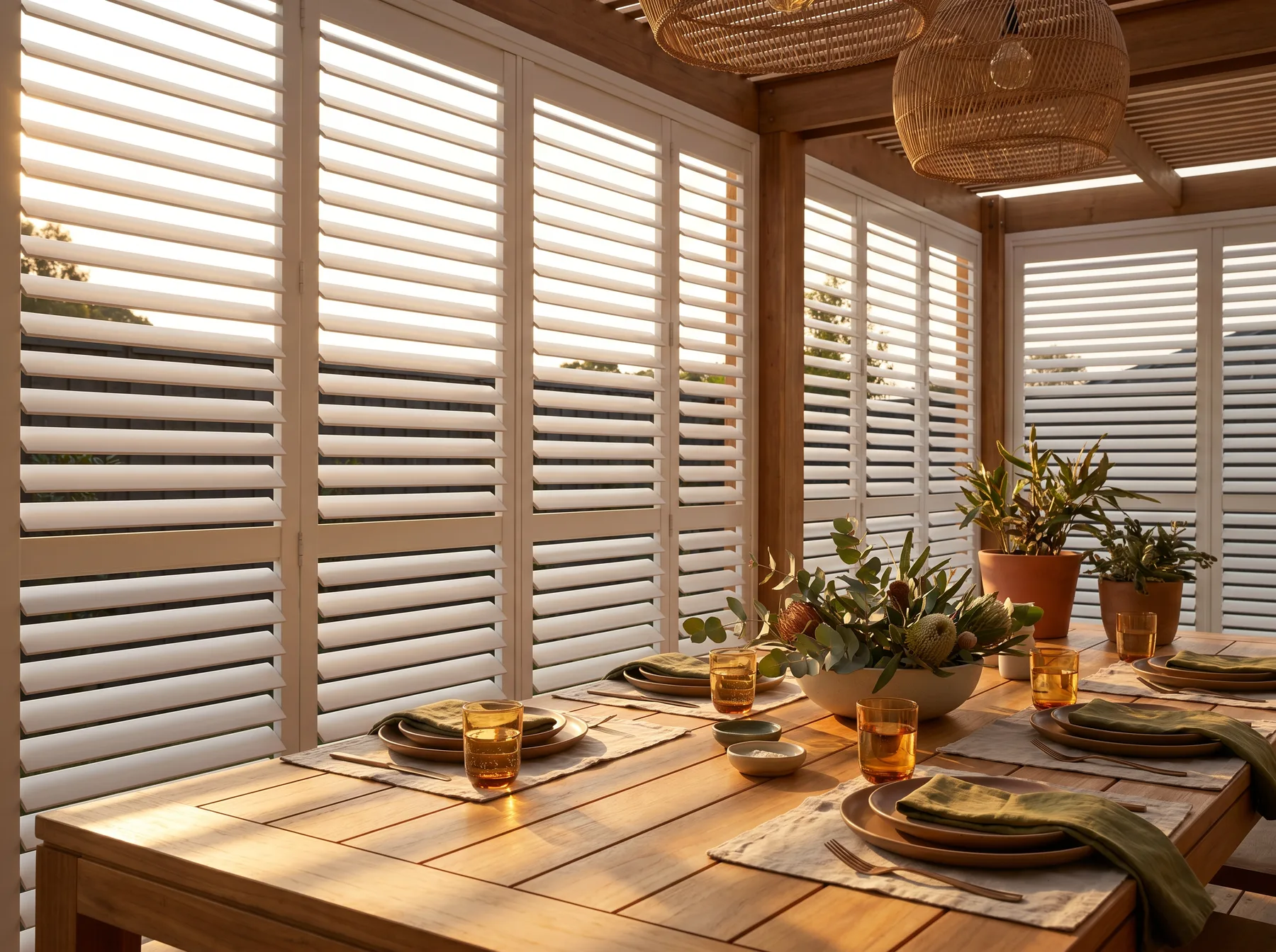 White aluminium plantation shutters enclosing an alfresco dining area in low evening sun