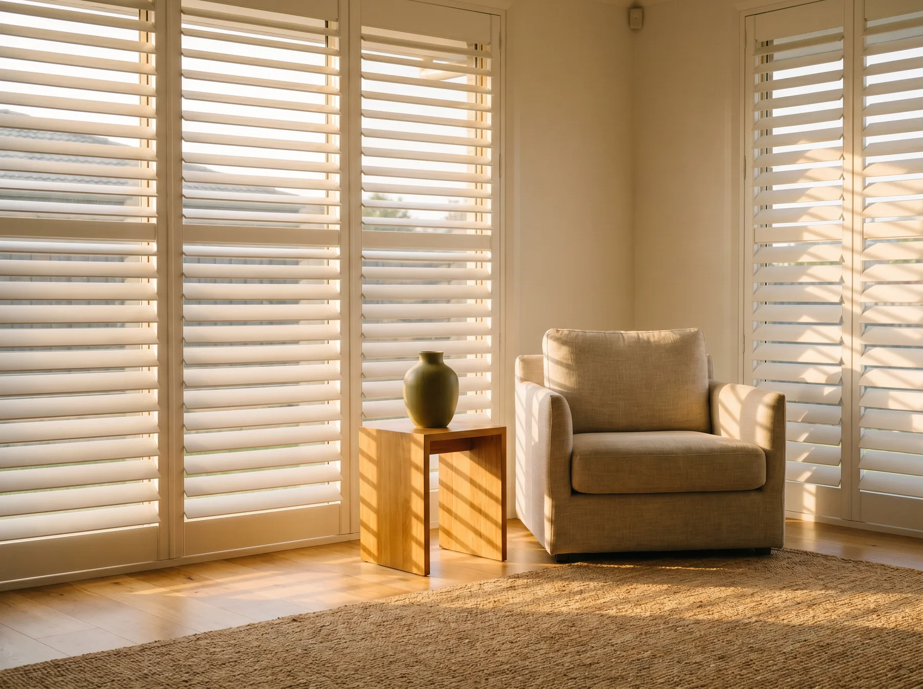 Floor-to-ceiling white plantation shutters with hidden tilt and wide blades in a modern living room