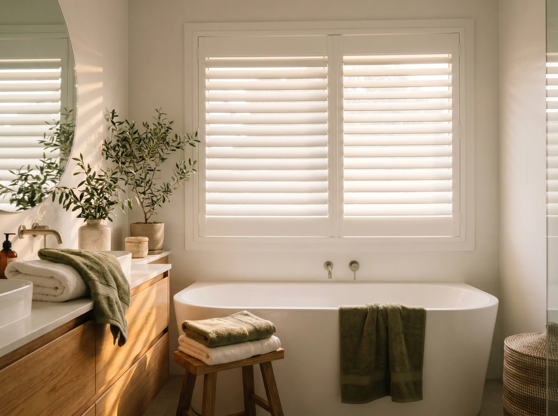White waterproof PVC plantation shutters above a freestanding bath in a renovated bathroom