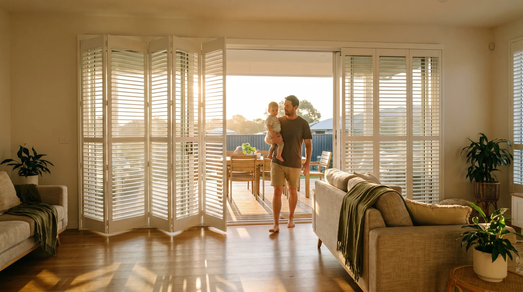 Bi-fold shutter panels folded back from a wide stacker-door opening at golden hour