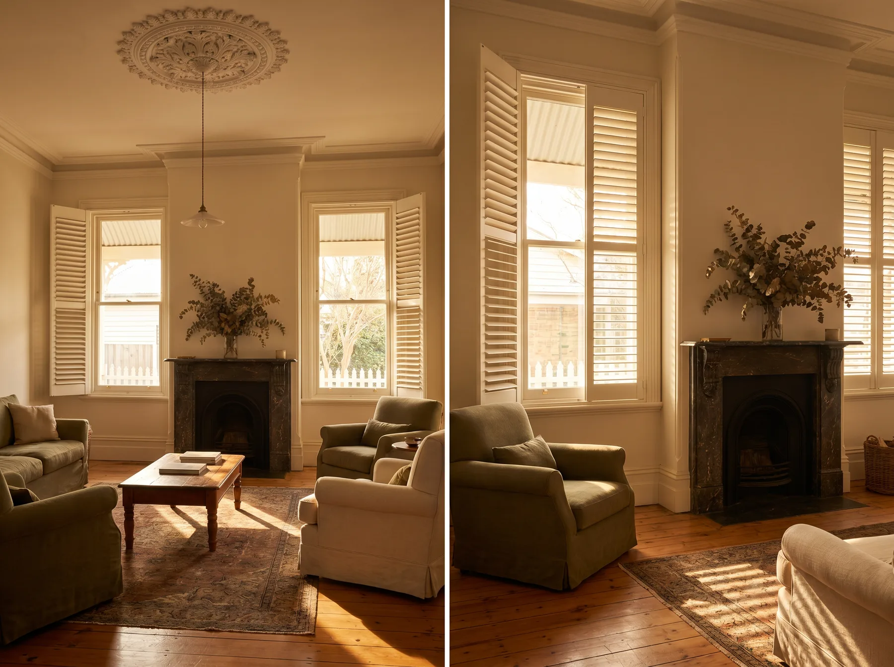 Painted timber plantation shutters with a front tilt rod on tall sash windows in a Victorian sitting room
