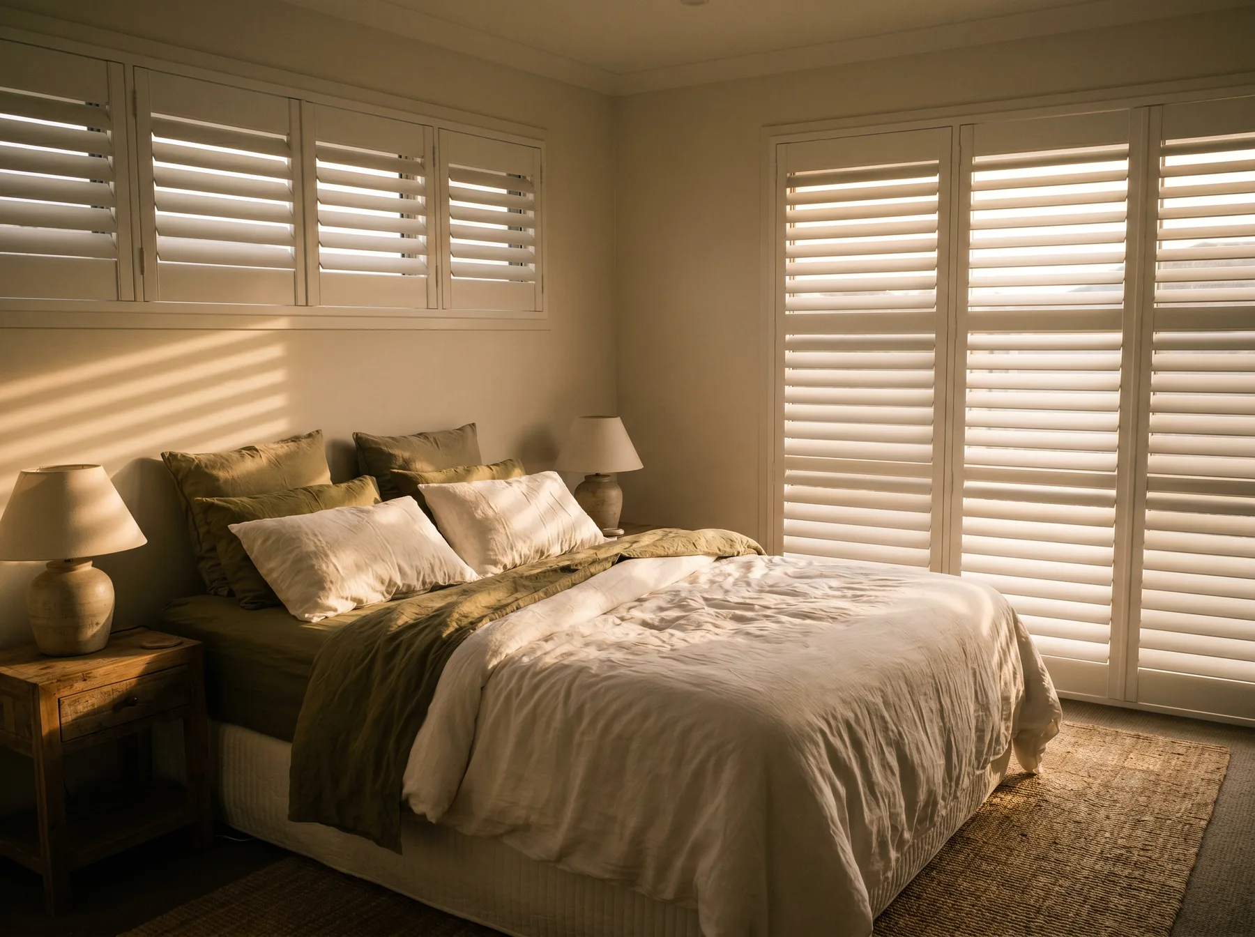 A bedroom at dusk with shutters closed down, thin warm lines of light between the blades