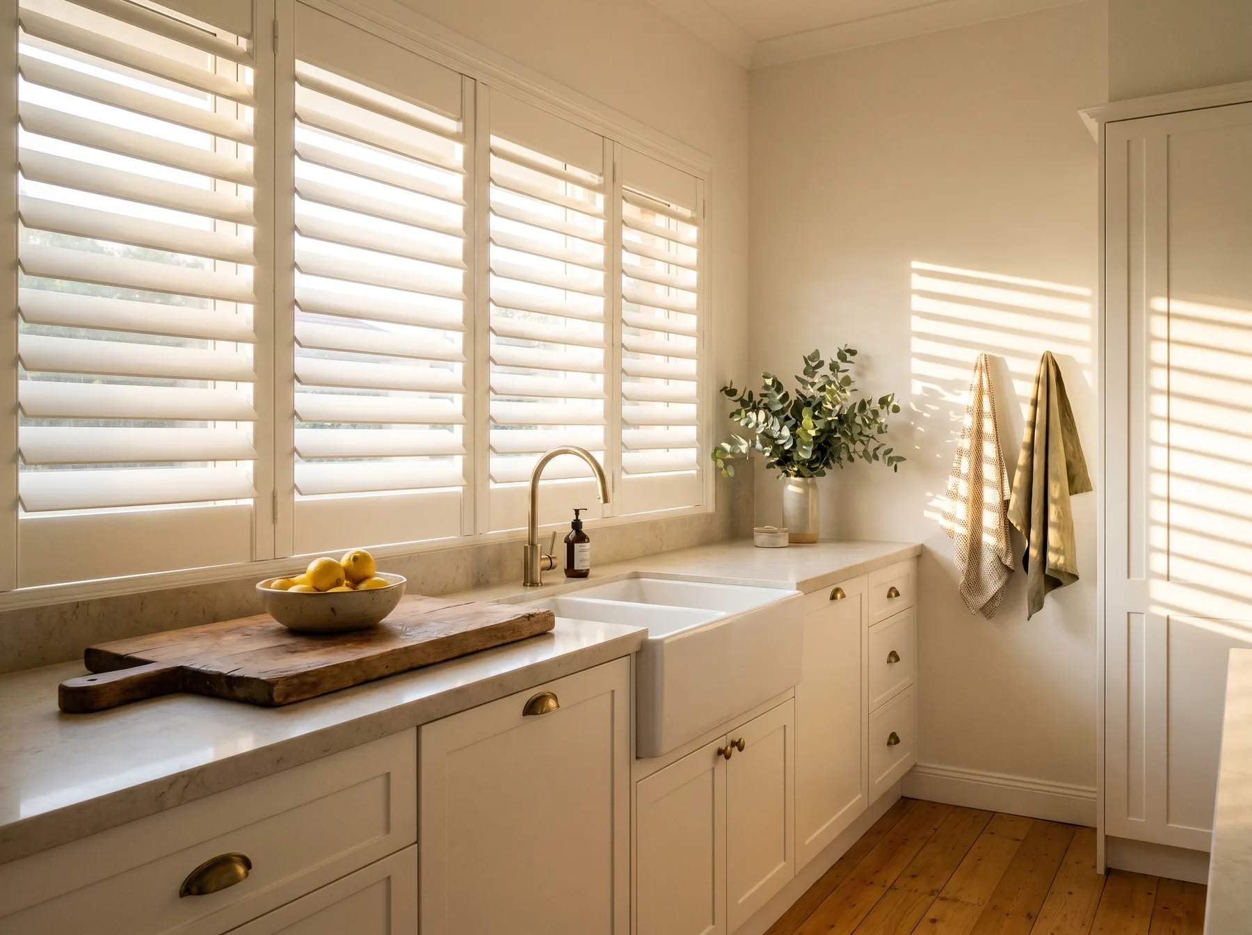 Waterproof shutters over a kitchen sink with brass tapware, blades softening bright afternoon light